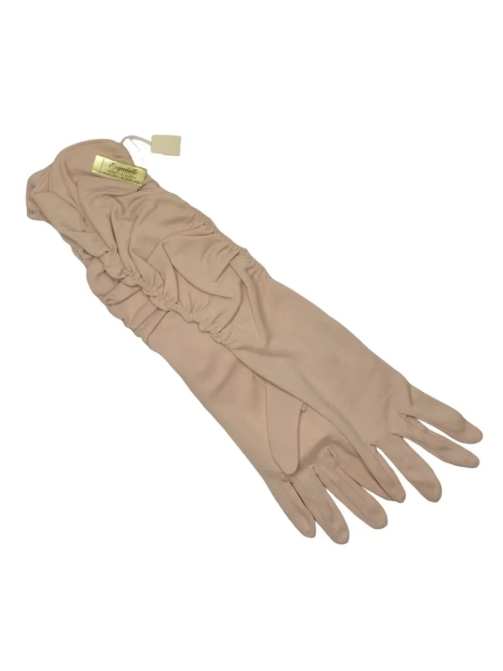 Vintage Exquisite Miracle Gloves Beige Nylon Elbow Length Formal Prom USA Made